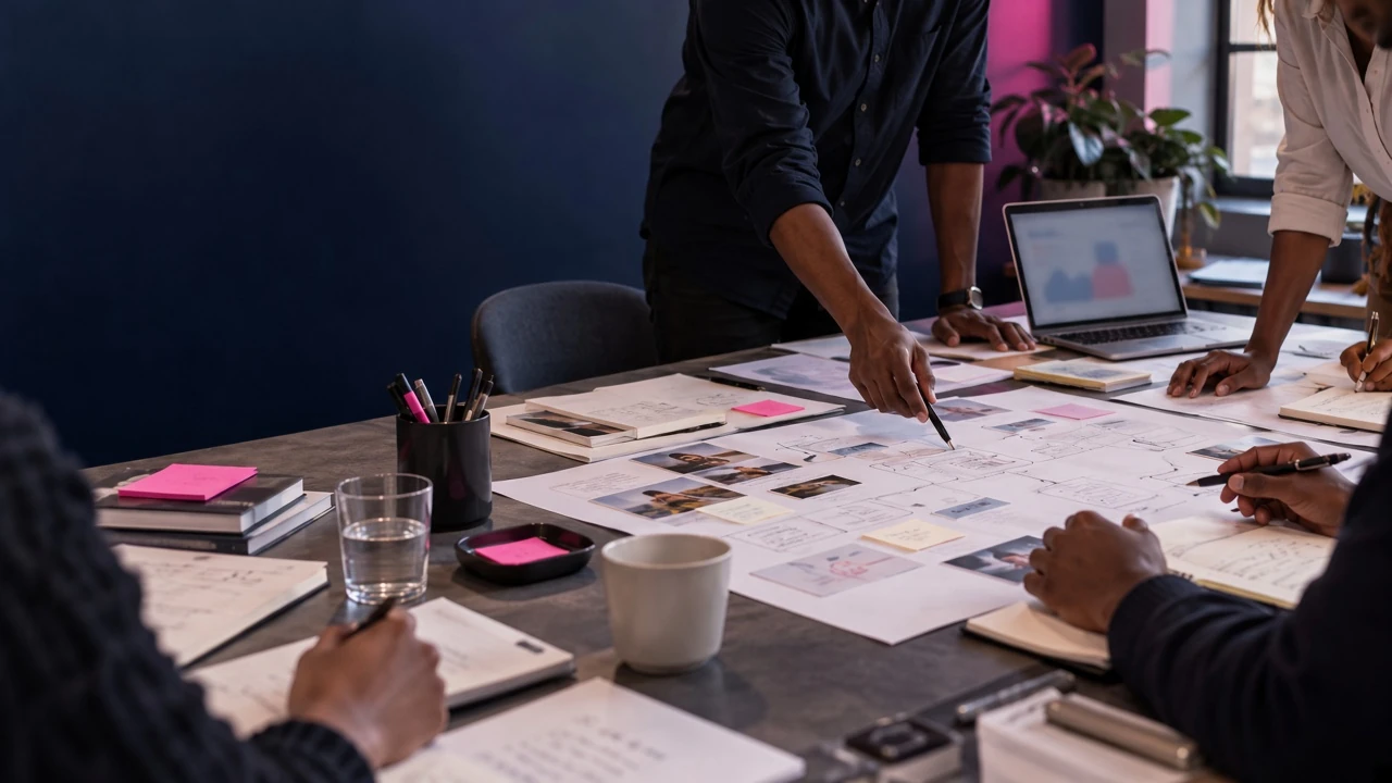 Studio team collaborating around a working table with journey maps, notes and research materials.